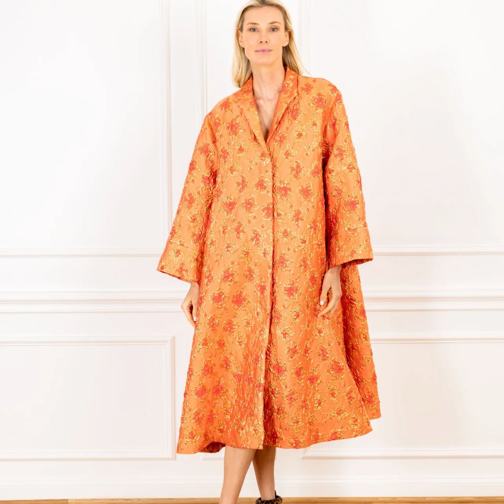 La Vie Style House Gilded Orange Brocade Maxi Dress Coat